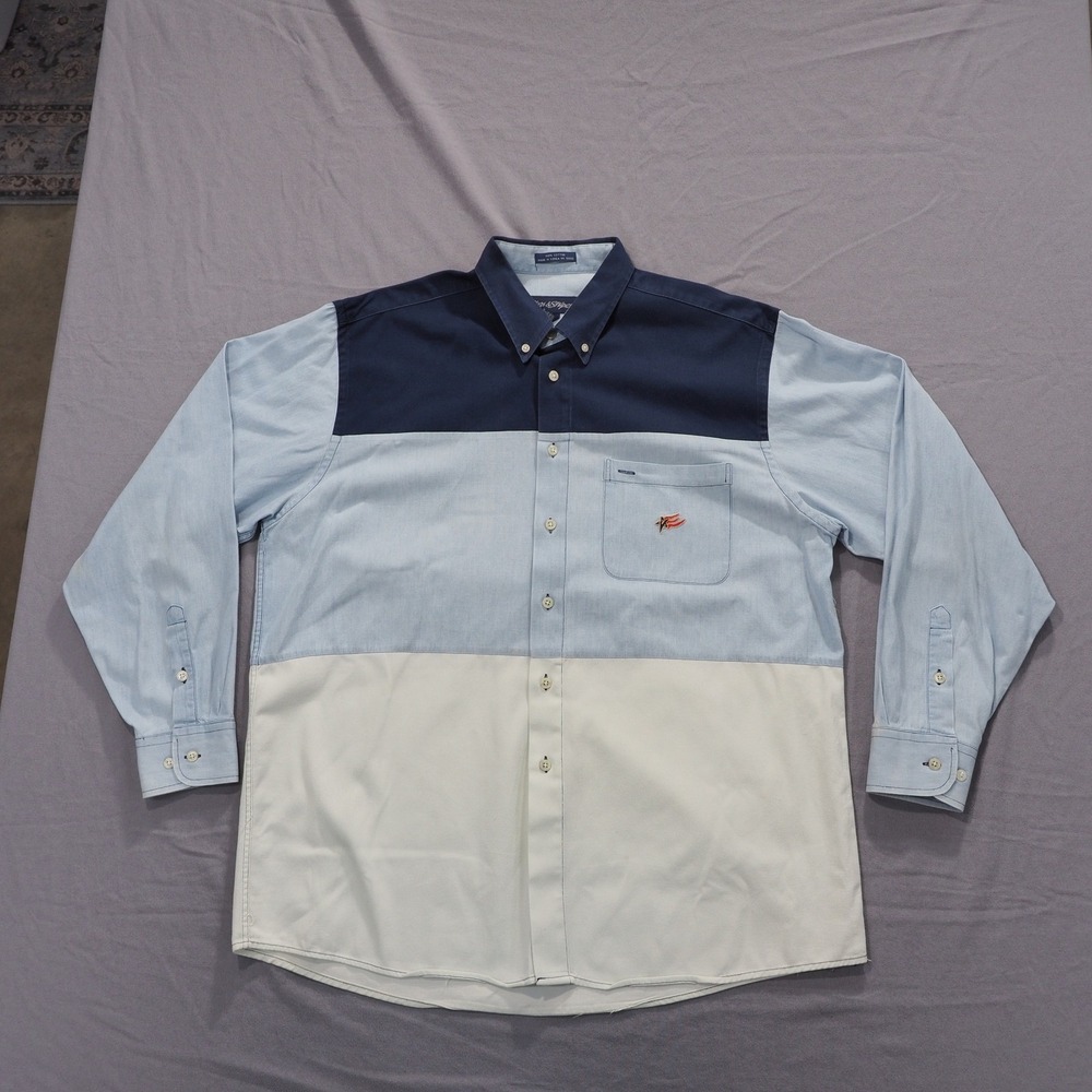 Stars Stripes Mens Large Blue White Colorblock Button Down Shirt Long Sleeve